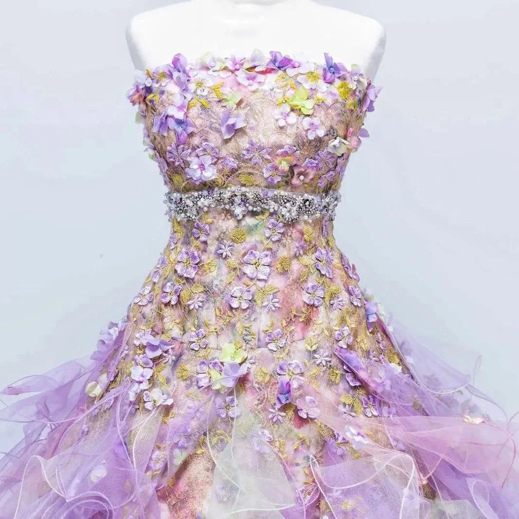 Cute Floral Strapless A-Line Sweet 16th Gowns Crystals Appliques Beading Ruffles Tulle Prom Dress AP3096