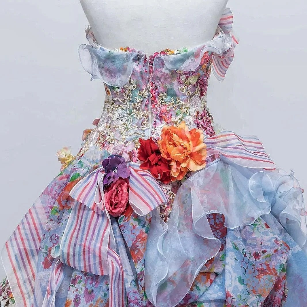 Artistic Strapless A-Line Sweet 16th Gowns Handmade Flowers Lace Bows Beads Prom Dress AP3097