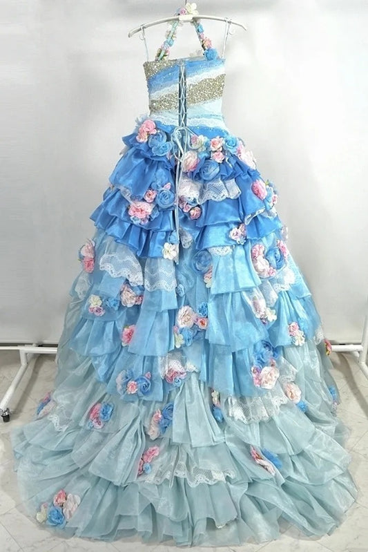 Gorgeous One Shoulder A-Line Evening Gowns Sequins Lace Handmade Flowers Tiered Prom Dress AP3102