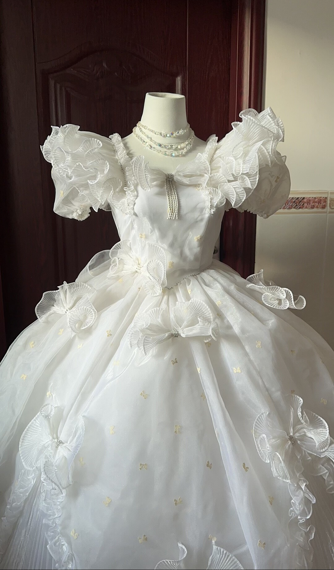 Maximalism A-Line Square Neck Bridal Gowns Bows Beading Puffy Sleeve Ruffled Wedding Dress AP3134