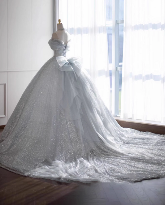 Romantic A-Line Off-Shoulder Engagement Gowns Appliques Beads Sequins Rhinestones Wedding Dress AP3138