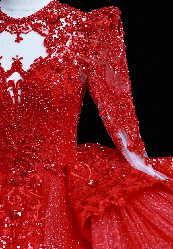 Red A-Line Jewel Neck Evening Gowns Appliques Sequins Tulle Cutout Prom Dress AP3139