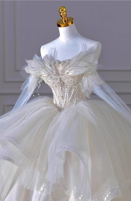 Fabulous A-Line Off-Shoulder Engagement Gowns Beading Sequins Long Sleeve Wedding Dress AP3141