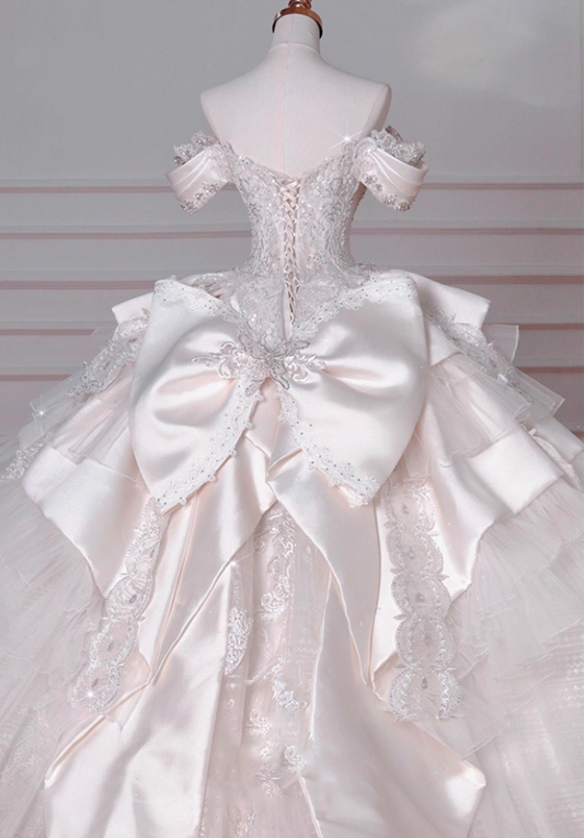 Luxurious A-Line Off-Shoulder Engagement Gowns Lace Beads Sequins Rhinestones Wedding Dress AP3143