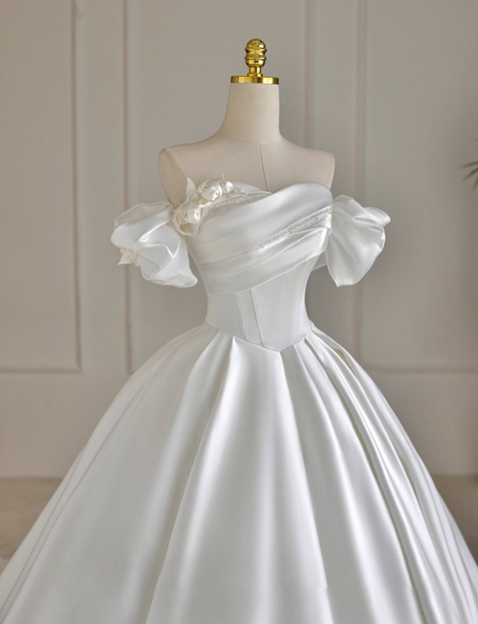 Fantastic A-Line Off-Shoulder Engagement Gowns Handmade Flowers Beading Satin Wedding Dress AP3148