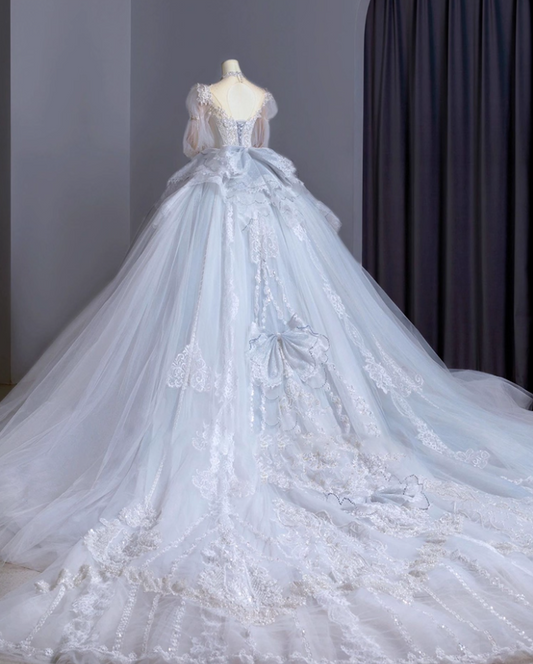 Vintage A-Line Sweetheart Neck Bridal Gowns Beading Bow Lace Appliques Puffy Long Sleeve Wedding Dress AP3151