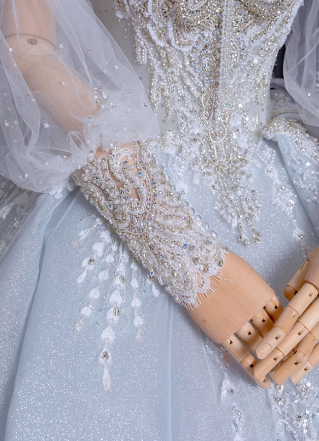 Vintage A-Line Sweetheart Neck Bridal Gowns Beading Bow Lace Appliques Puffy Long Sleeve Wedding Dress AP3151