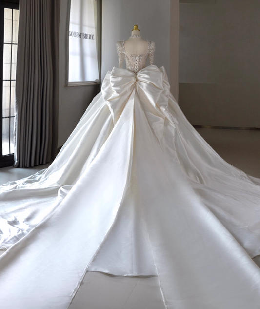 Sheen A-Line Sweetheart Neck Bridal Gowns Beading Sequins Bow Long Sleeve Wedding Dress AP3155