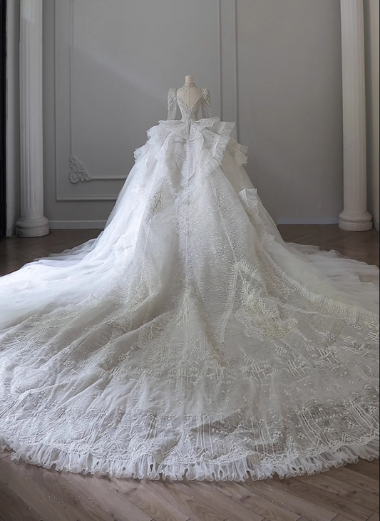 Gorgeous A-Line Jewel Neck Bridal Gowns Sheer Long Sleeve Embroidery Beading Crystals Cutout Wedding Dress AP3157