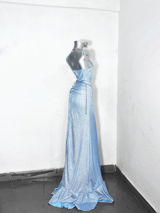 New Sheath Spaghetti Strap Evening Dress Sequins Ruffles Slit Prom Dress AP3176