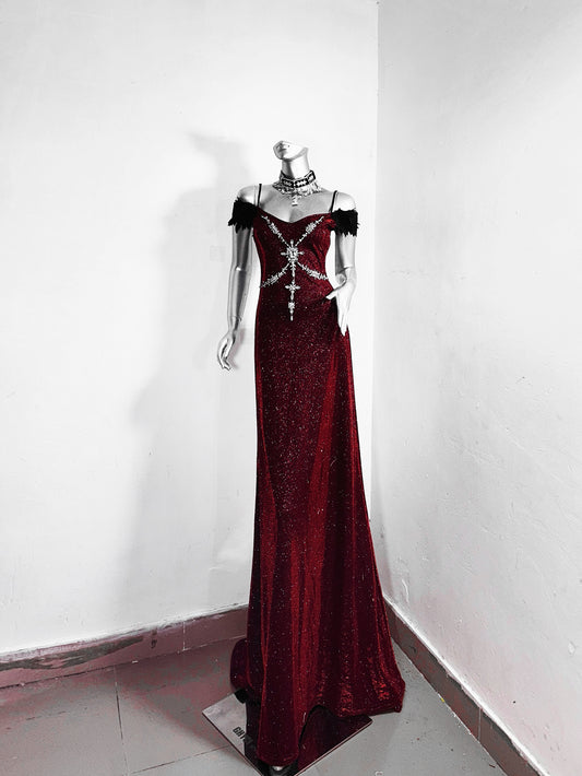 Sexy Off-Shoulder Sheath Maxi Dress Sequins Rhinestones Floor-Length Prom Dress AP3180