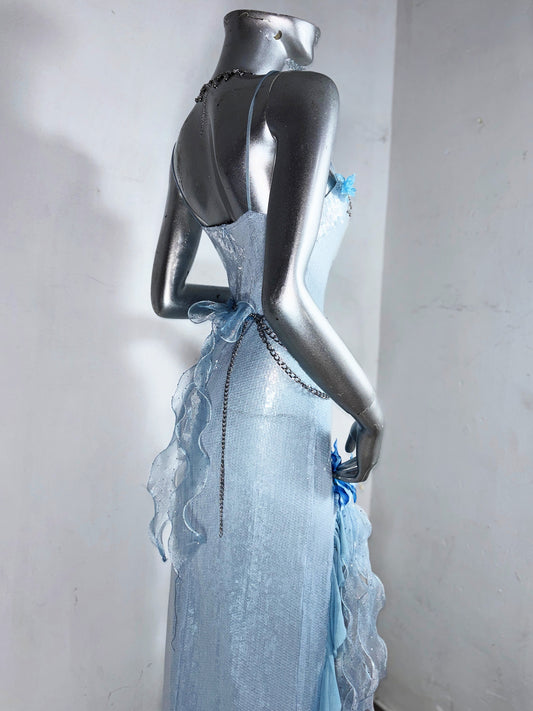 Maximalism Sheath Spaghetti Strap Evening Dress With Slit Sequins Beading Handmade Flowers Ruffles Prom Dress AP3186