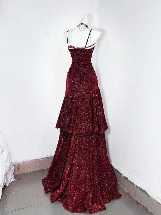 Delicate Mermiad Spaghetti Strap Evening Dress Sequins Tiered Red Prom Dress AP3189