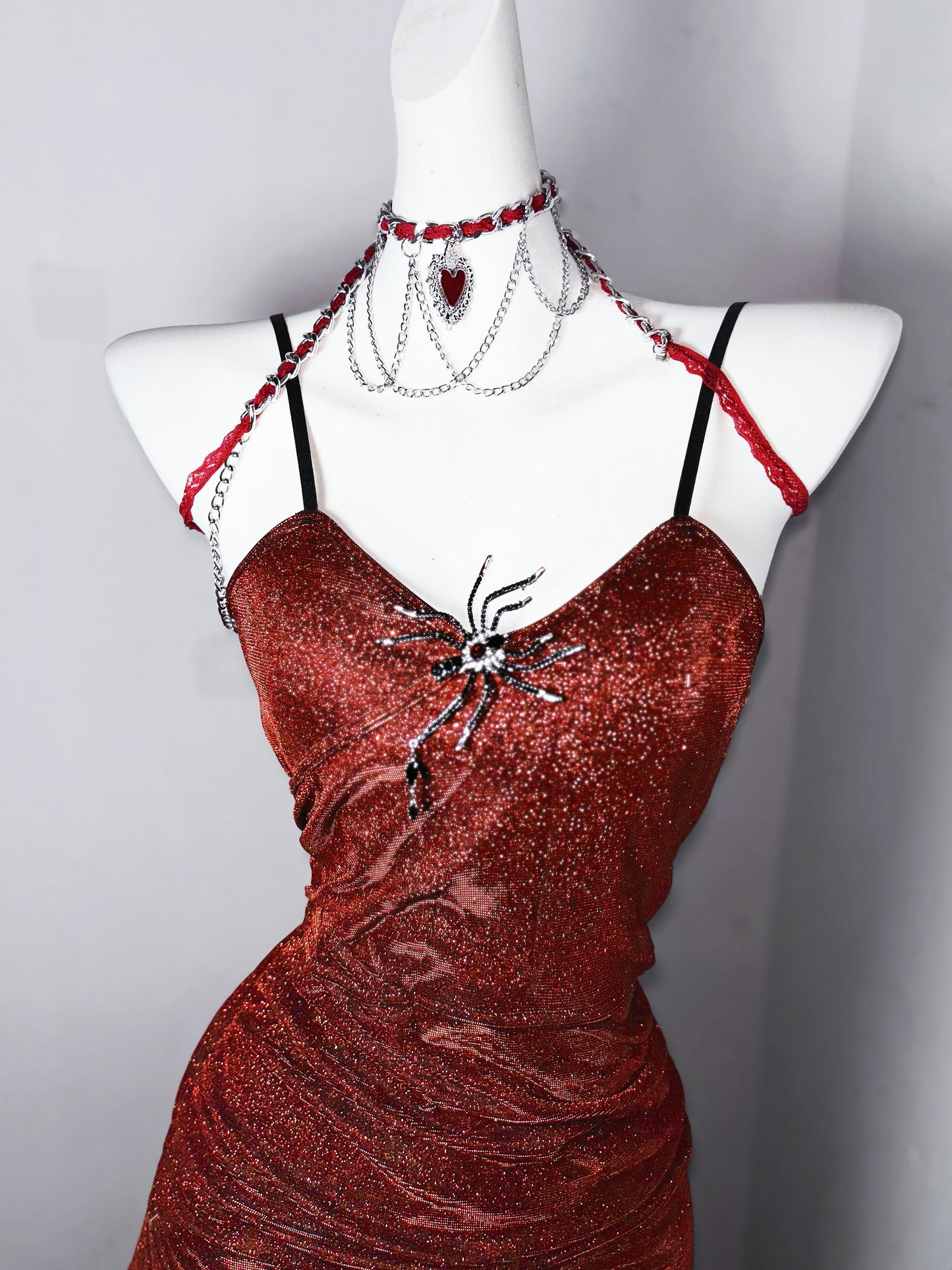 Delicate Mermiad Spaghetti Strap Evening Dress Sequins Tiered Red Prom Dress AP3189