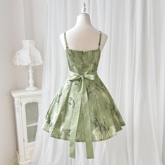 Trendy Spaghetti Straps A-Line Birthday Dress Bows Bamboo Print Homecoming Dress AP3232