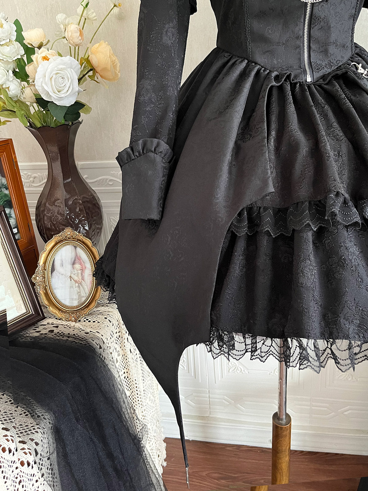 Gothic-Style Jewel Neck A-Line Birthday Gowns Long Sleeve Bows Jacquard Cutout Black Tired Homecoming Dress AP3235