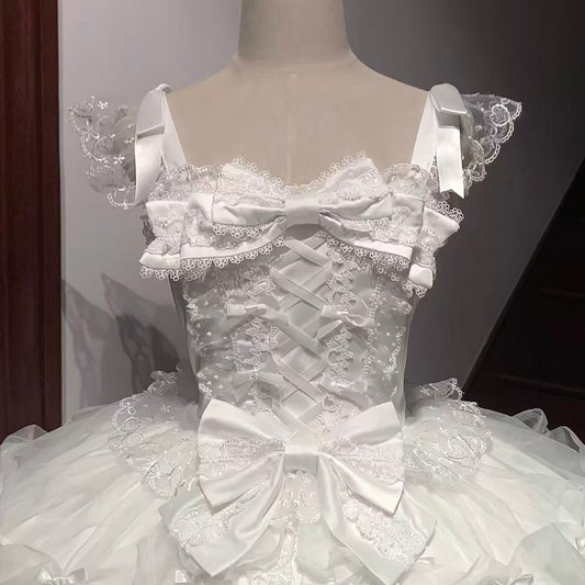 White A-Line Spaghetti Straps Birthday Dress Lace Bows Tiered Tulle Homecoming Dress AP3246