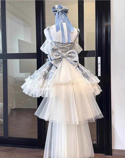 Luxurious A-Line Spaghetti Straps Birthday Dress Handmade Flowers Bow Jacquard Tulle Homecoming Dress AP3250
