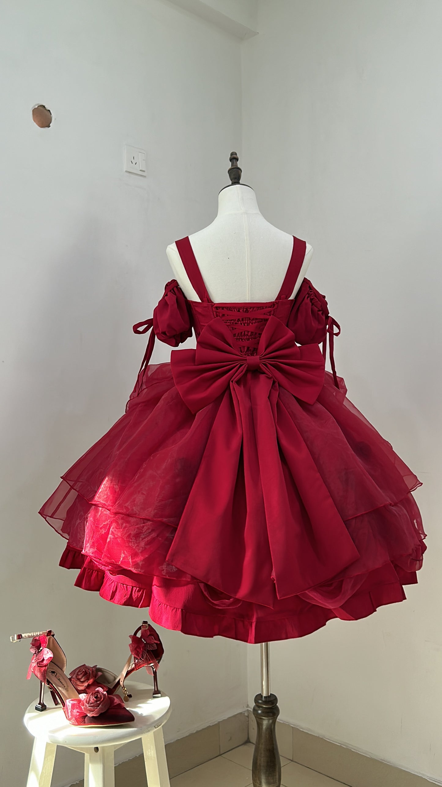 Ethereal A-Line Spaghetti Straps Red Birthday Dress Bows 3D Floral Homecoming Dress AP3261