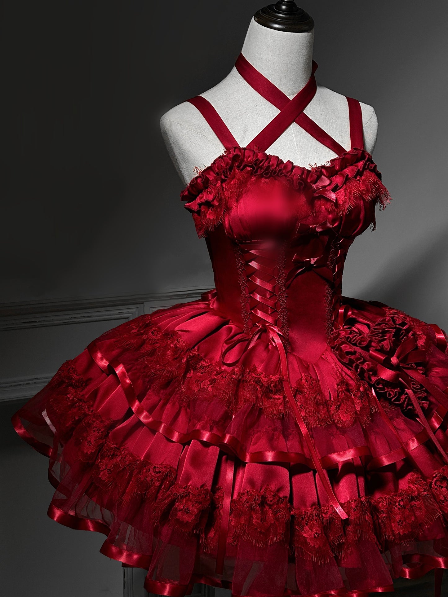 Glamorous A-Line Spaghetti Straps Ruffled Birthday Dress Bows Lace Tiered Red Homecoming Dress AP3265
