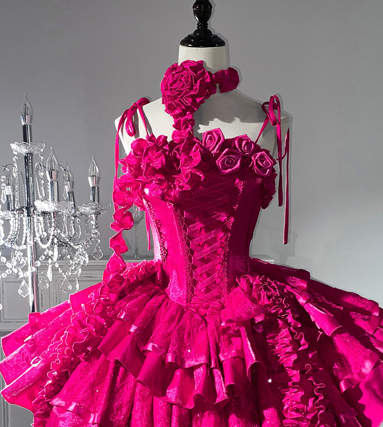 Fitted A-Line Spaghetti Straps Birthday Gowns Sequins Handmade Flowers Tiered Homecoming Dress AP3277