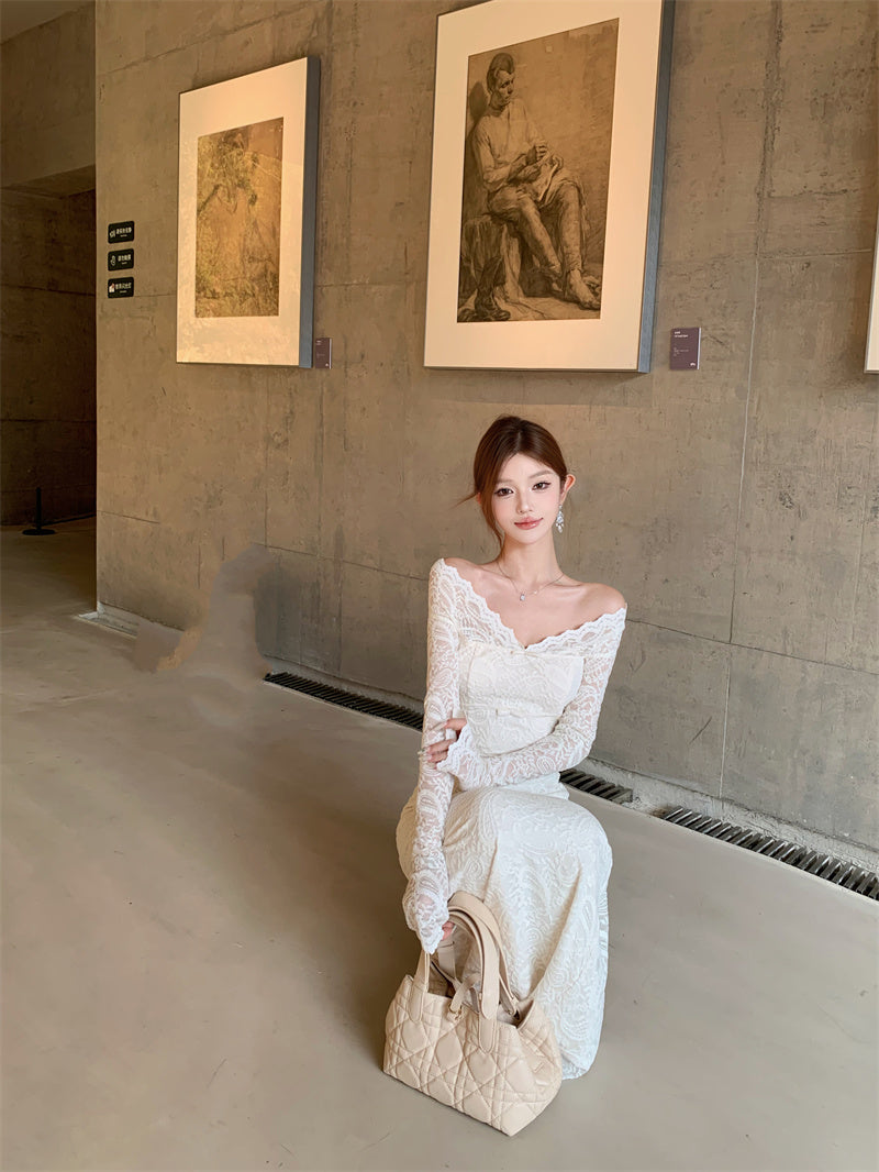 French Style V-Neck Sheath Maxi Skirt Lace Back Slit Long Sleeve Long Dress AP3282