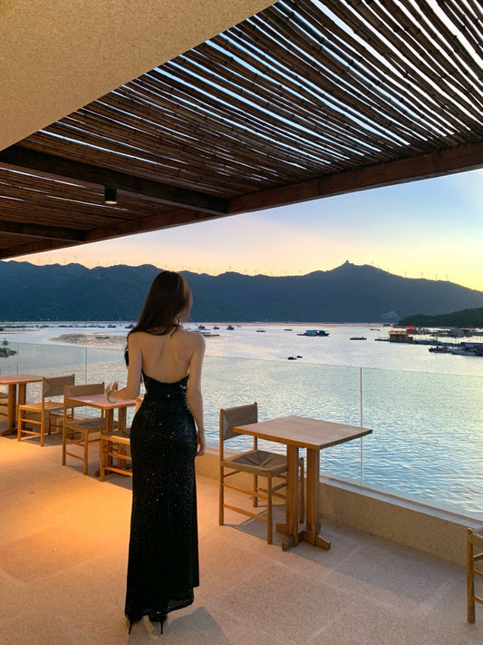 Charming Vocation Outfit V-Neck Sheath Maxi Dress Backless Black Sequins Cutout Halter Long Dress AP3283