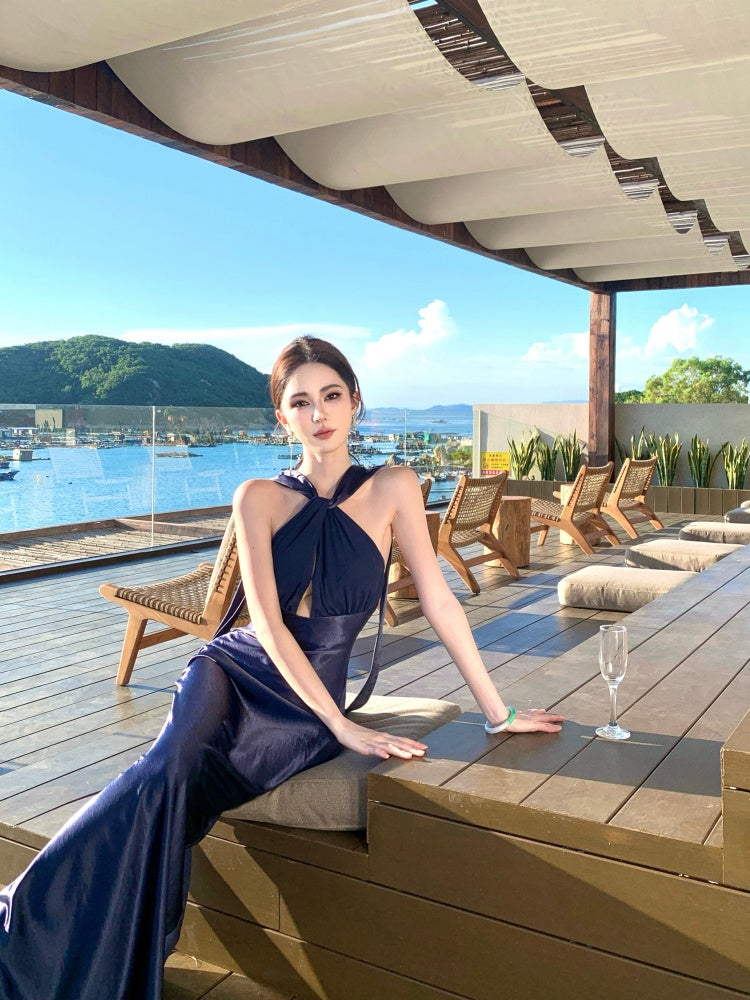 Fashionable Halter Neck Sheath Backless Maxi Dress Sexy Cutout Tie Back Long Dress AP3289