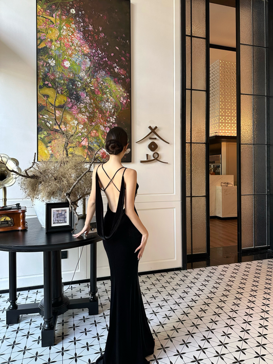 Luxury 3D Floral Mermaid Spaghetti Strap Maxi Dress Charming Velvet Evening Outfit Black Long Dress AP3297