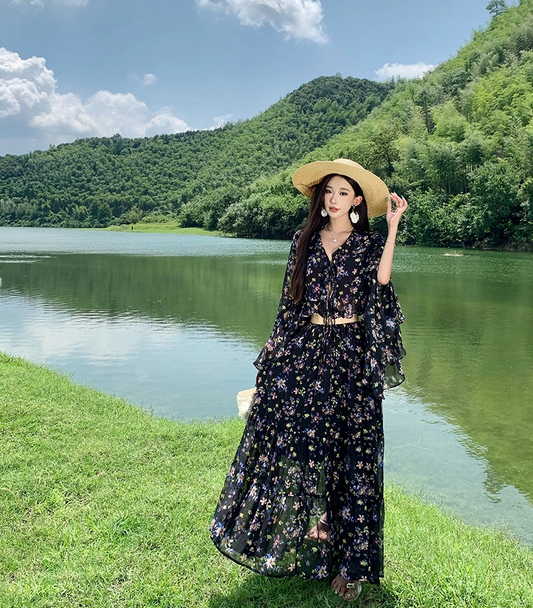 Vintage Floral Print Ruffled 2-Piece Set Maxi Dress Classical Open Waist Long Bell Sleeve Flowy Long Dress AP3304