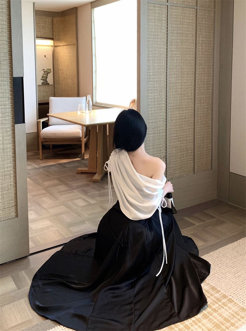 Charming A-Line Asymmetric Neckline Ruched Maxi Dress Novelty Gathered Cinched-Waist Long Dress AP3306