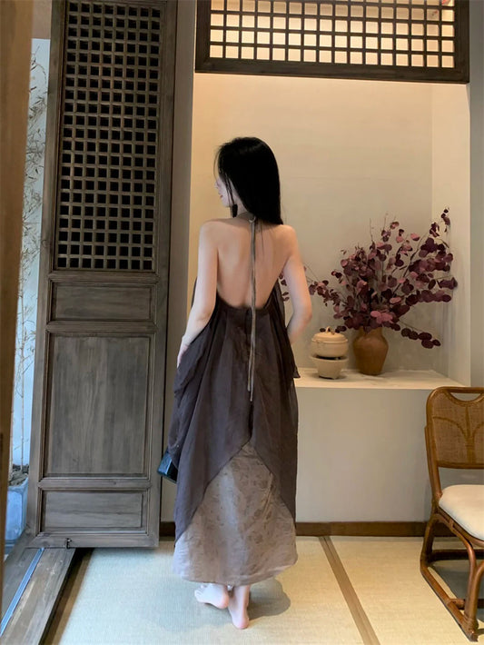 Unique Halter Neck A-Line Flowy Maxi Dress Vintage Floral Print Tulle Overlay Backless Long Dress AP3310