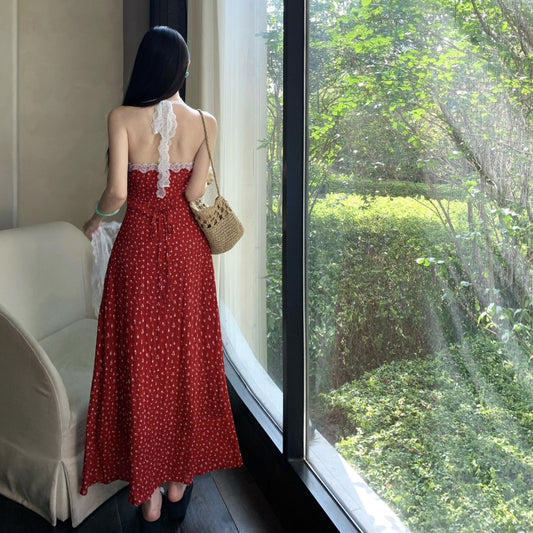 Hot Girls Halter Neck A-Line Red Maxi Dress Charming Lace Trim Polka Dots Long Dress AP3315