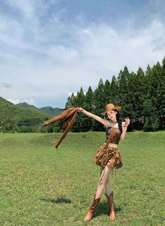 Vintage A-Line Strapless 2-Piece Set Mini Skirt Gen Z Style Tassel Tube Top Asymmetric Hem Short Dress AP3316