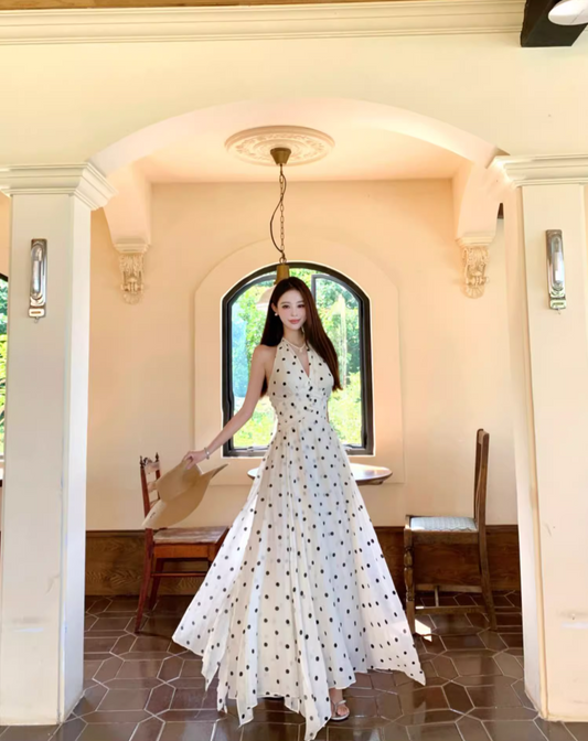 Vogue Halter Neck A-Line Maxi Dress Chic Polka Dots Asymmetric Hem Long Dress AP3322