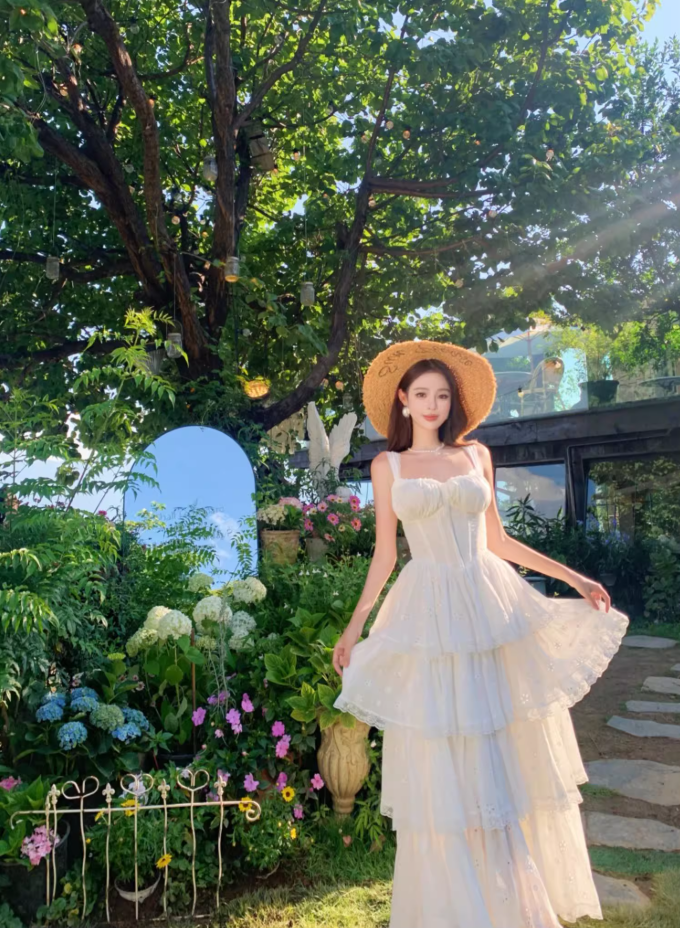 Ethereal White Spaghetti Strap A-Line Maxi Dress Elegant Tiered Cutout Hem Vacation Outfit Long Dress AP3323