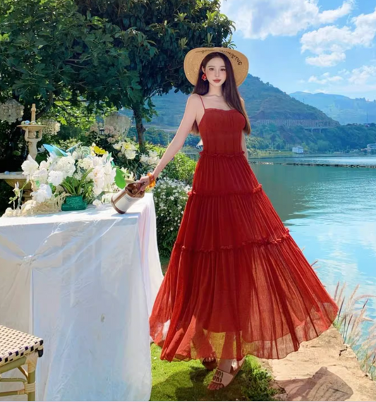 Vibrant Spaghetti Strap A-Line Red Maxi Dress Hot Girls Everyday Wear Flowy Ruffles Long Dress AP3324