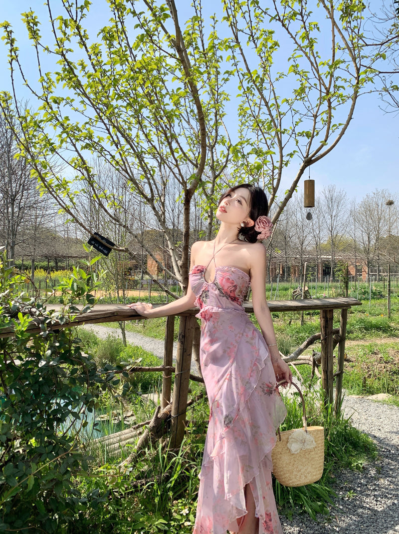 Vogue Halter Neck A-Line Floral Maxi Dress Elegant Asymmetric Hem Adjustable Strap Flowy Long Dress AP3328