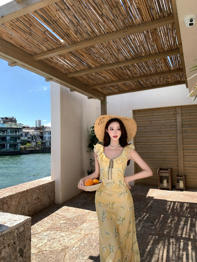 Elegant A-Line Jewel Neck Yellow Maxi Dress With Lining Vogue Ruffles Trimmed Outdoor Trip Floral Print Long Dress AP3331