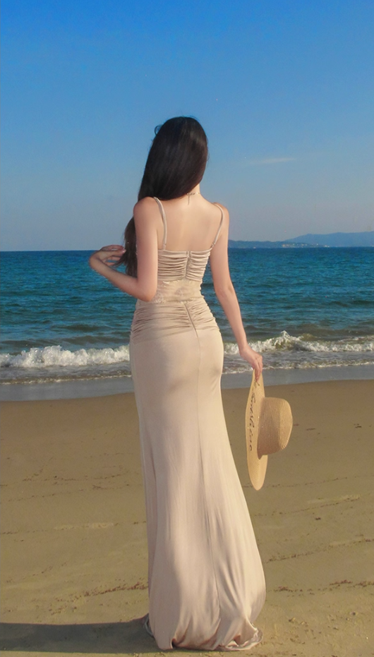 Vintage Spaghetti Strap Sheath Maxi Dress Sexy Sheer Lace Splicing Outdoor Trip Long Dress AP3333