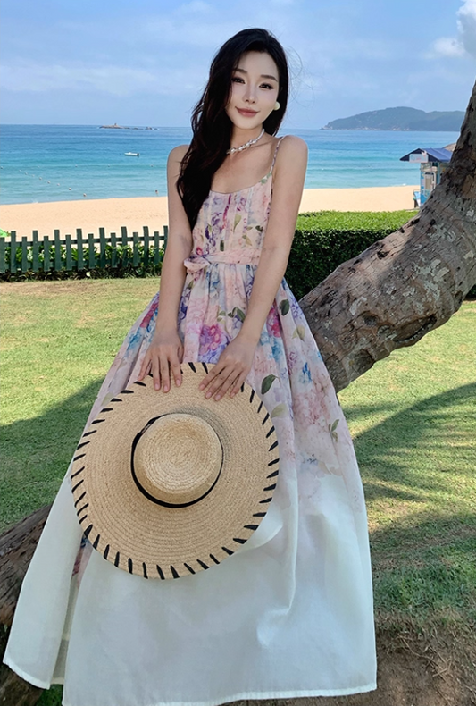 Chic Spaghetti Strap A-Line Maxi Dress Delicate Bow Floral Print Cinched-Waist Long Dress AP3337