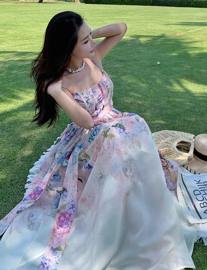 Chic Spaghetti Strap A-Line Maxi Dress Delicate Bow Floral Print Cinched-Waist Long Dress AP3337