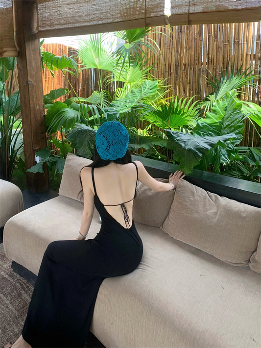 New Black Spaghetti Strap Sheath Maxi Dress Vintage Knitted Flower Beads Long Dress AP3346