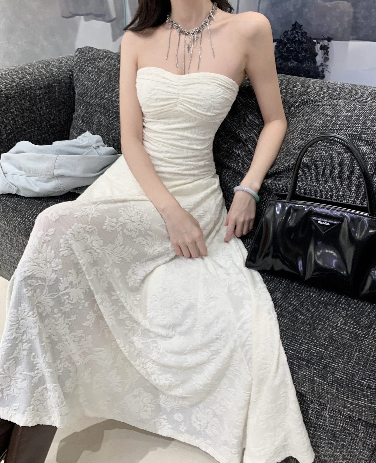 Artistic Strapless A-Line White Maxi Dresses Fitted Jacquard Asymmetric Hem Hottie Long Dress AP3347