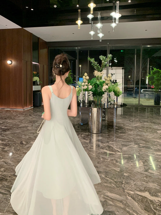 Dreamy Spaghetti Strap A-Line Crystals Accent Maxi Dress Stylish Cinched Waist Long Dress AP3348