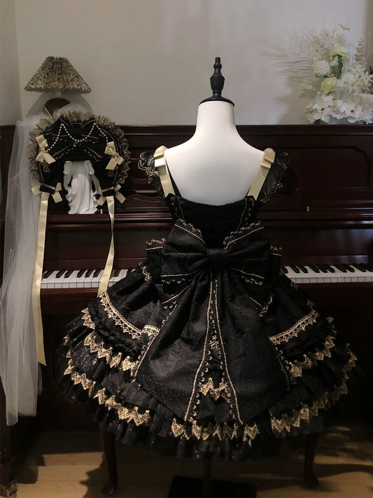 Elegant A-Line Spaghetti Straps Birthday Dress Bows Beading Black Tiered Homecoming Dress AP3253
