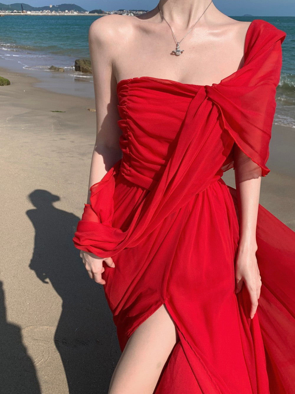 Glamorous Strapless A-Line Cinched Waist Maxi Dresses Charming Red Loose Fit High Slit Long Dress AP3354
