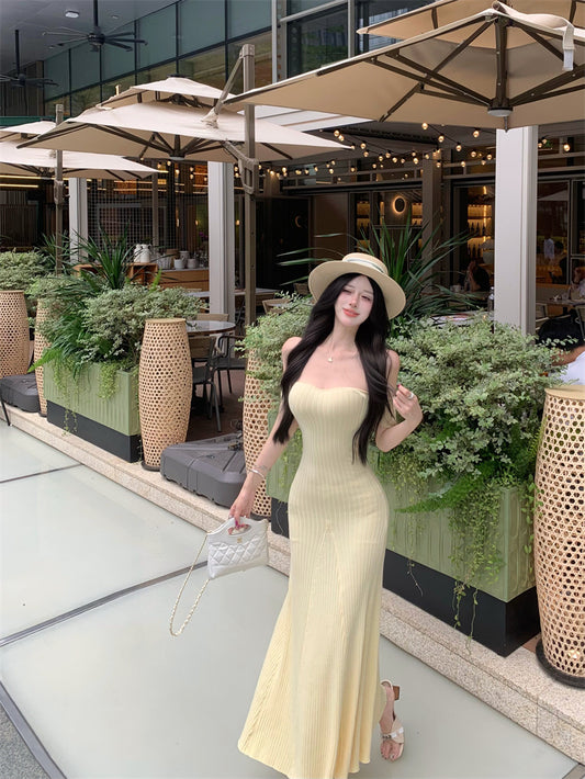 Dreamy Off-Shoulder Sheath Maxi Dresses Knitted Beach Vacations Minimalist Yellow Hottie Long Dress AP3364