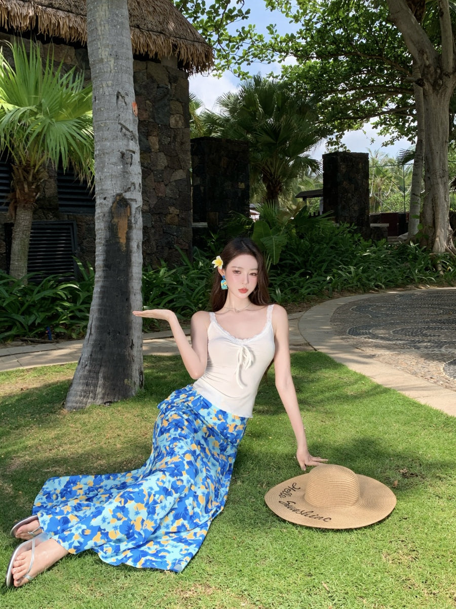 Cute Spaghetti Strap A-Line 2-Piece Set Maxi Dress Casual White Top Blue Floral Print Skirt Vacation Outfit Long Dress AP3367