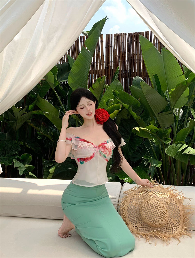 Luxurious Off-Shoulder Sheath 2-Piece Set Maxi Dresses Vibrant Floral Print Ruffles Trimmed Long Dress AP3375